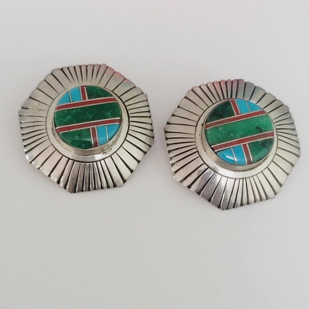 Vintage 925 Sterling Silver Turquoise, Malachite And Coral Inlay Stud Earrings
